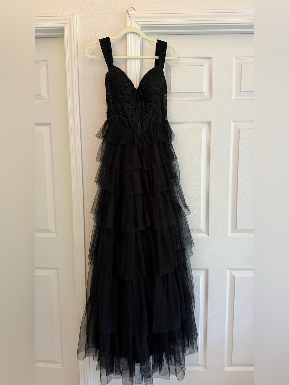 Blondie Nites Black Tiered Tulle Prom Gown